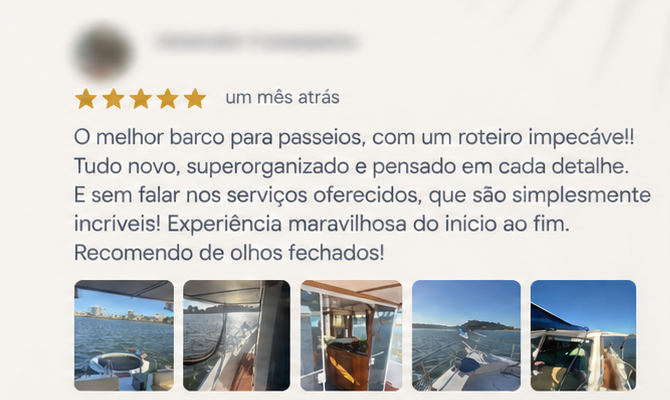 Avaliação de cliente com cinco estrelas e fotos do passeio no Google